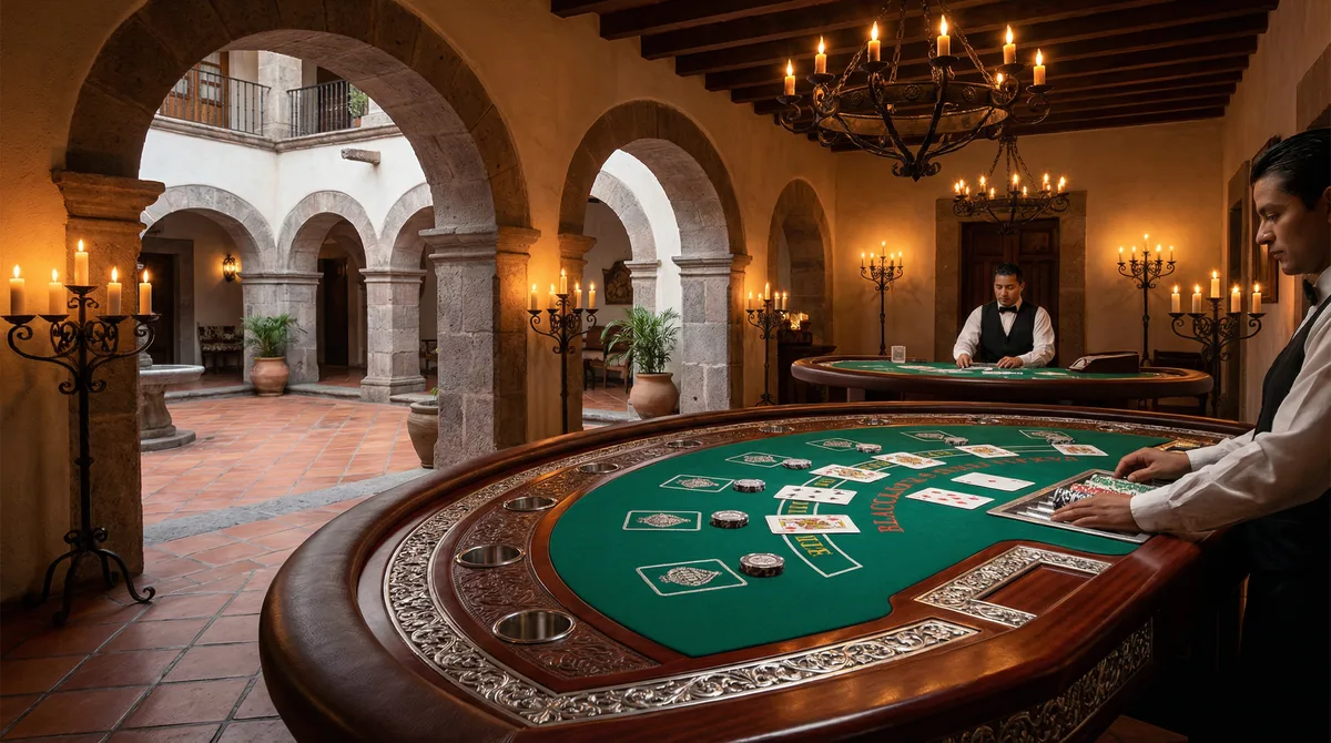 Mesa de blackjack en ambiente colonial mexicano
